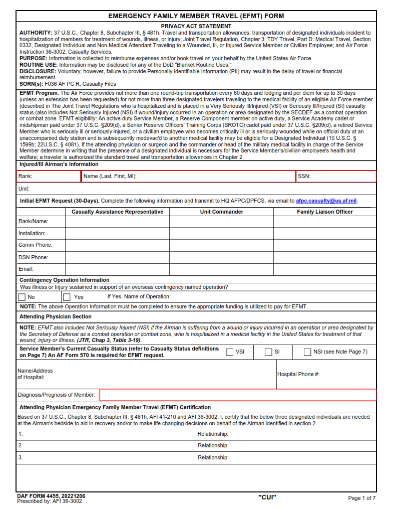 DAF Form 4455 - Emergency Family Member Travel (Efmt) Form Part 1