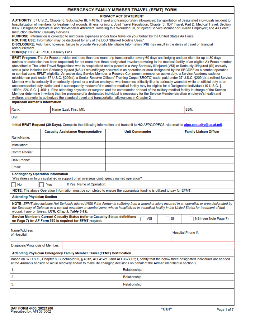 DAF Form 4455 Emergency Family Member Travel Efmt Form Origin