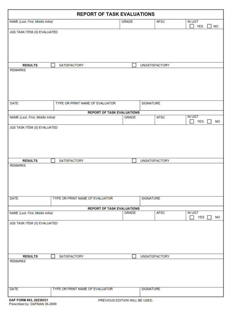 DAF Form 803 – Report Of Task Evaluations | Origin Form Studio