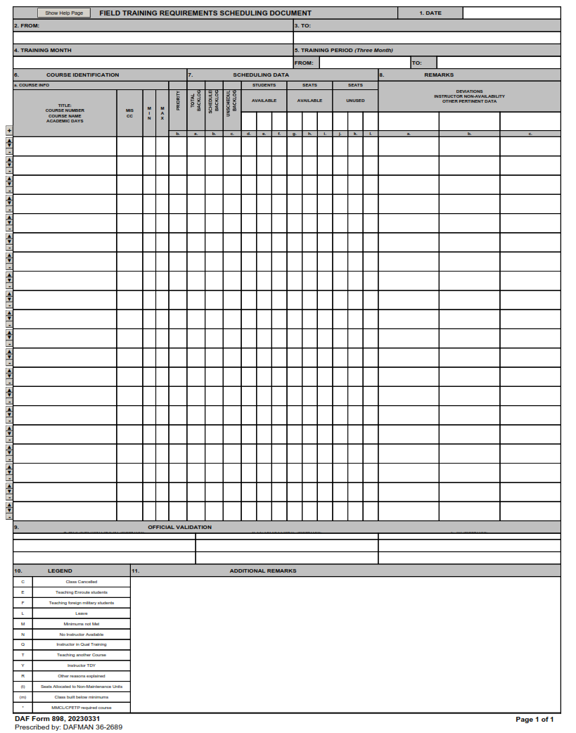 DAF Form 898 - Field Training Requirements Scheduling Document