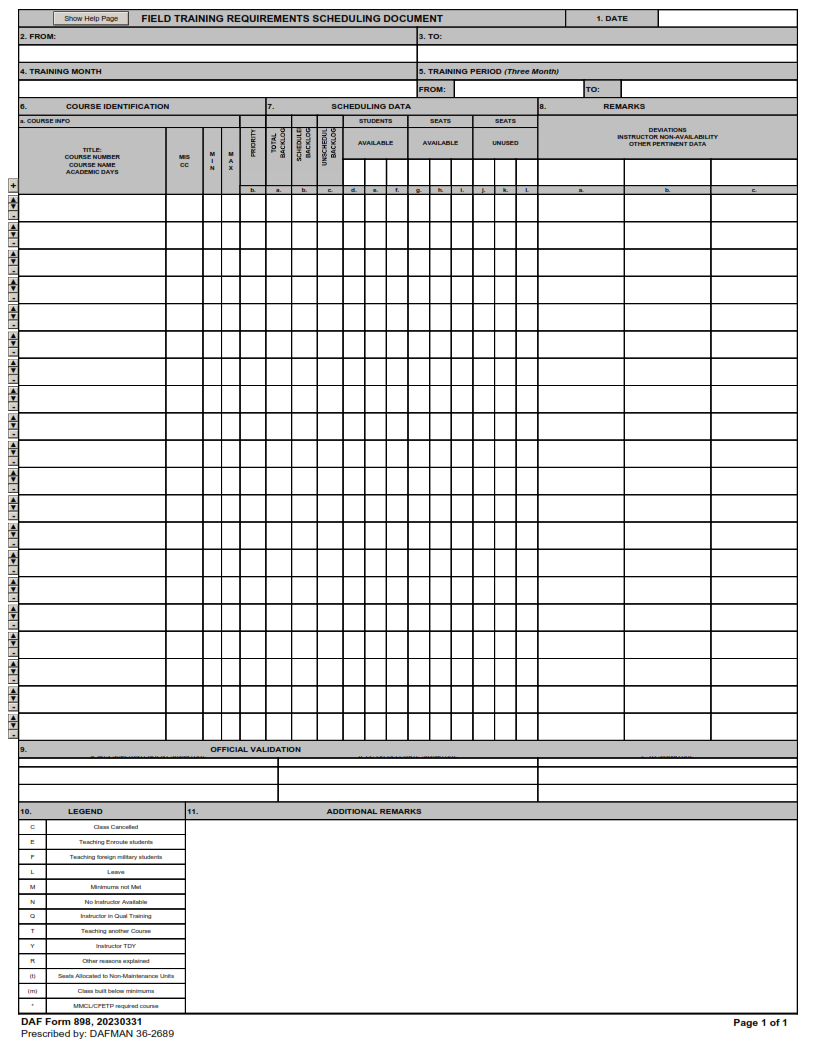 DAF Form 898 Field Training Requirements Scheduling Document Origin