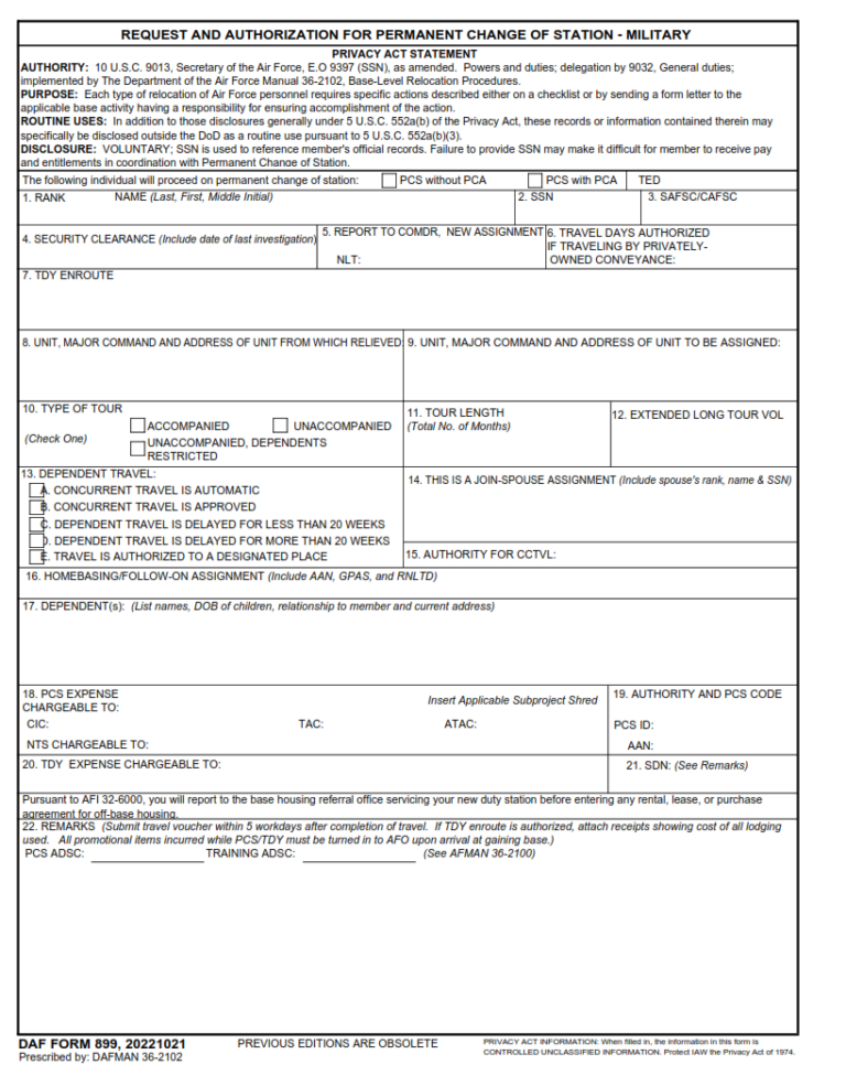 Daf Form 899 – Request And Authorization For Permanent Change Of 