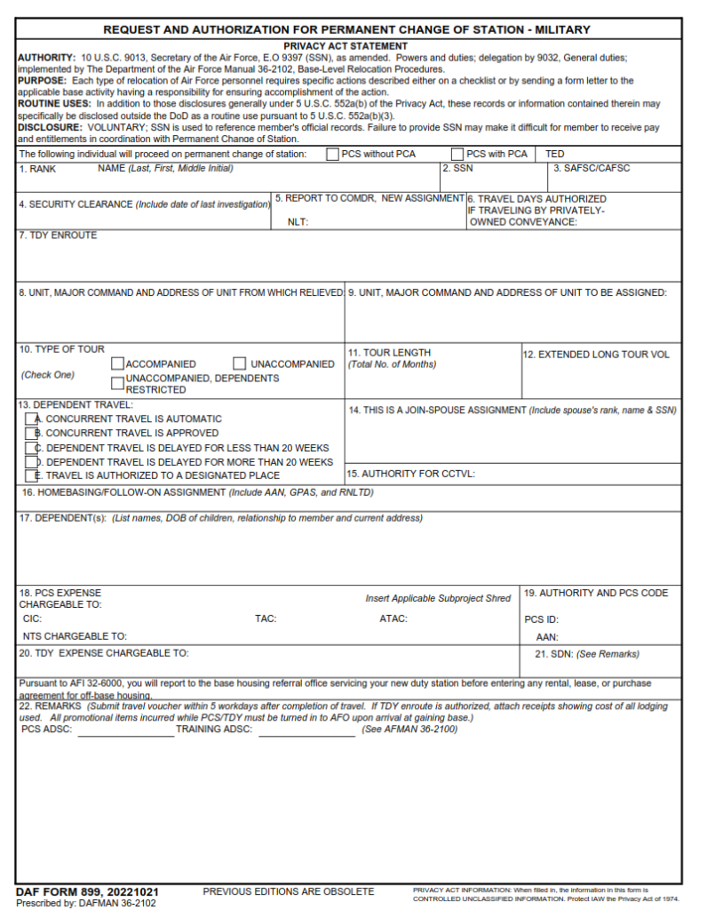 DAF Form 899 – Request And Authorization For Permanent Change Of ...