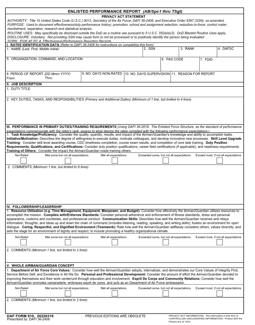 DAF Form 910 Enlisted Performance Report Ab Spc1 Thru Tsgt Origin