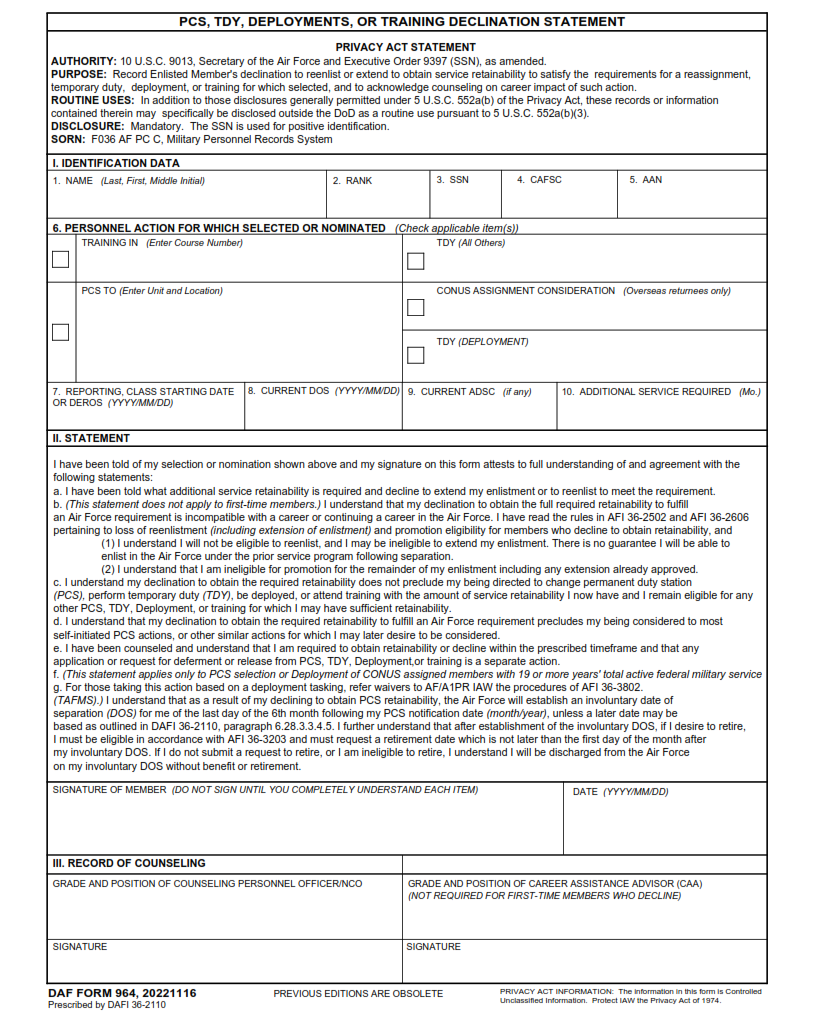 DAF Form 964 - Pcs, Tdy, Deployments, Or Training Declination Statement