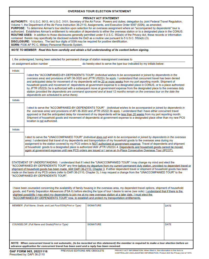 DAF Form 965 Overseas Tour Election Statement Origin Form Studio
