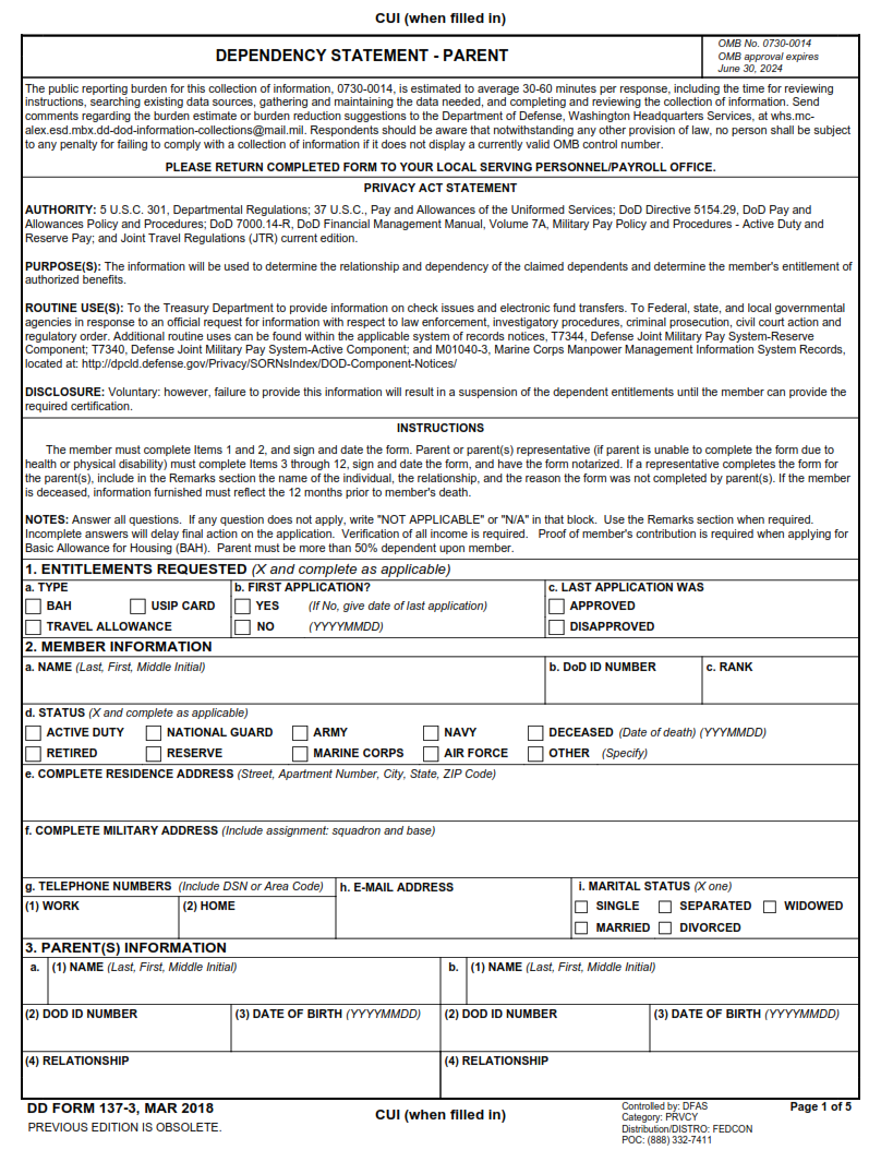 DD Form 137 3 Dependency Statement Parent Origin Form Studio