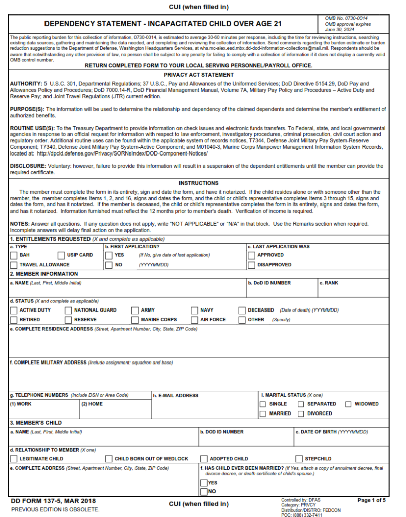 DD Form 137-5 – Dependency Statement – Incapacitated Child Over Age 21 ...