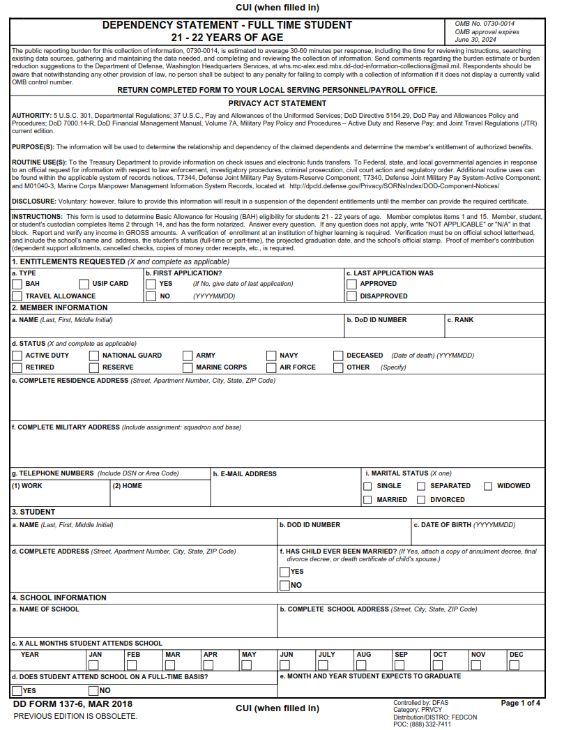 DD Form 137-6 - Dependency Statement - Full Time Student 21 - 22 Years of Age Part 1