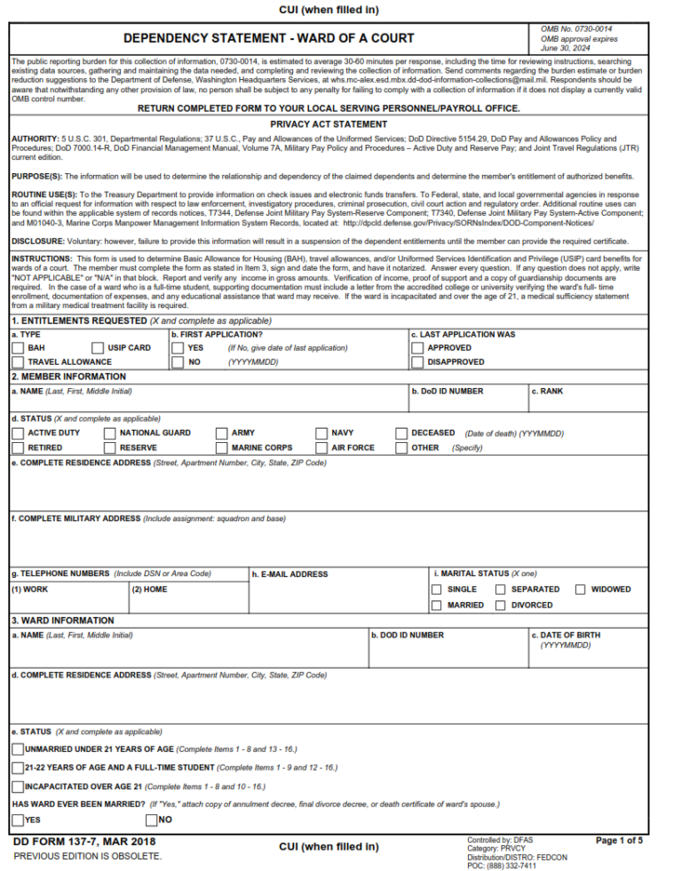 DD Form 137-7 – Parent’s Dependency Affidavit (English-Spanish ...