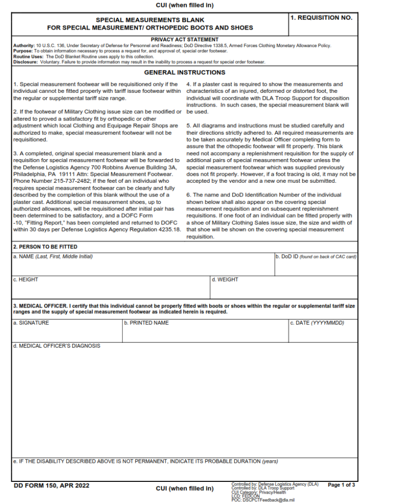 DD Form 150 – Special Measurements Blank for Special Measurement ...