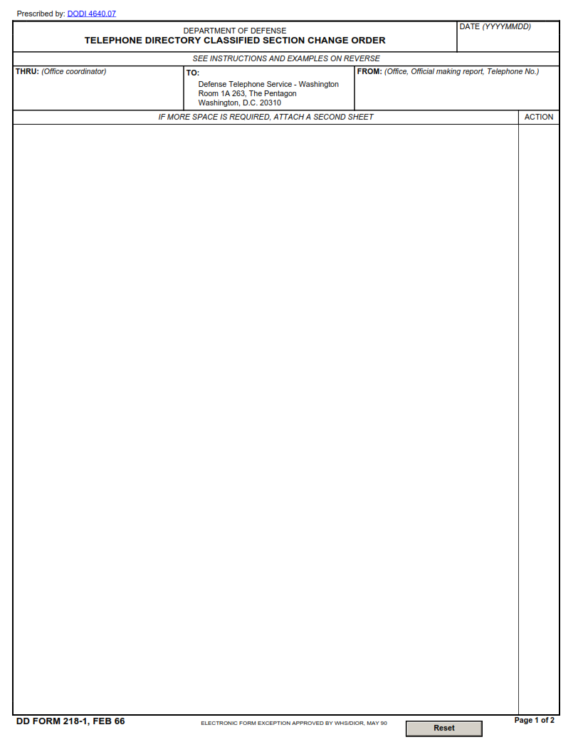 DD Form 218-1 - Telephone Directory Classified Section Change Order Part 1