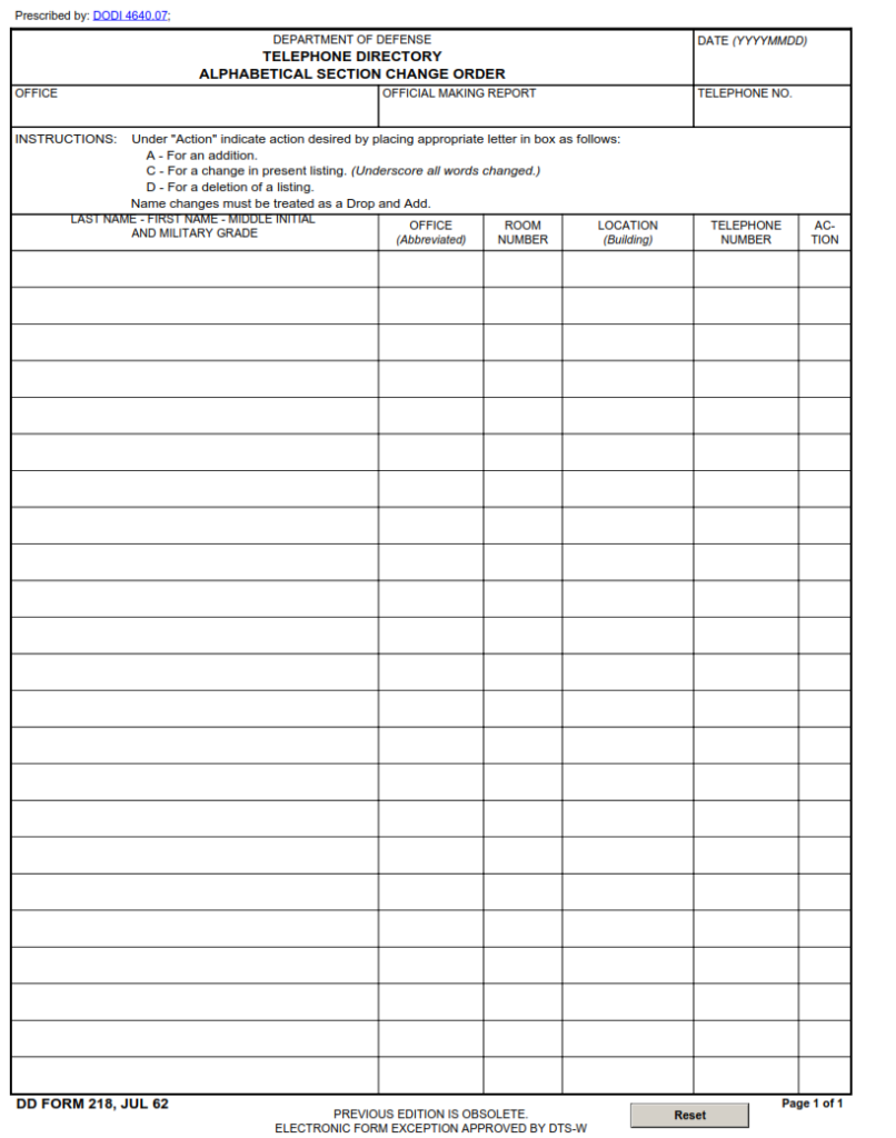 DD Form 218 – Telephone Directory Alphabetical Section Change Order ...