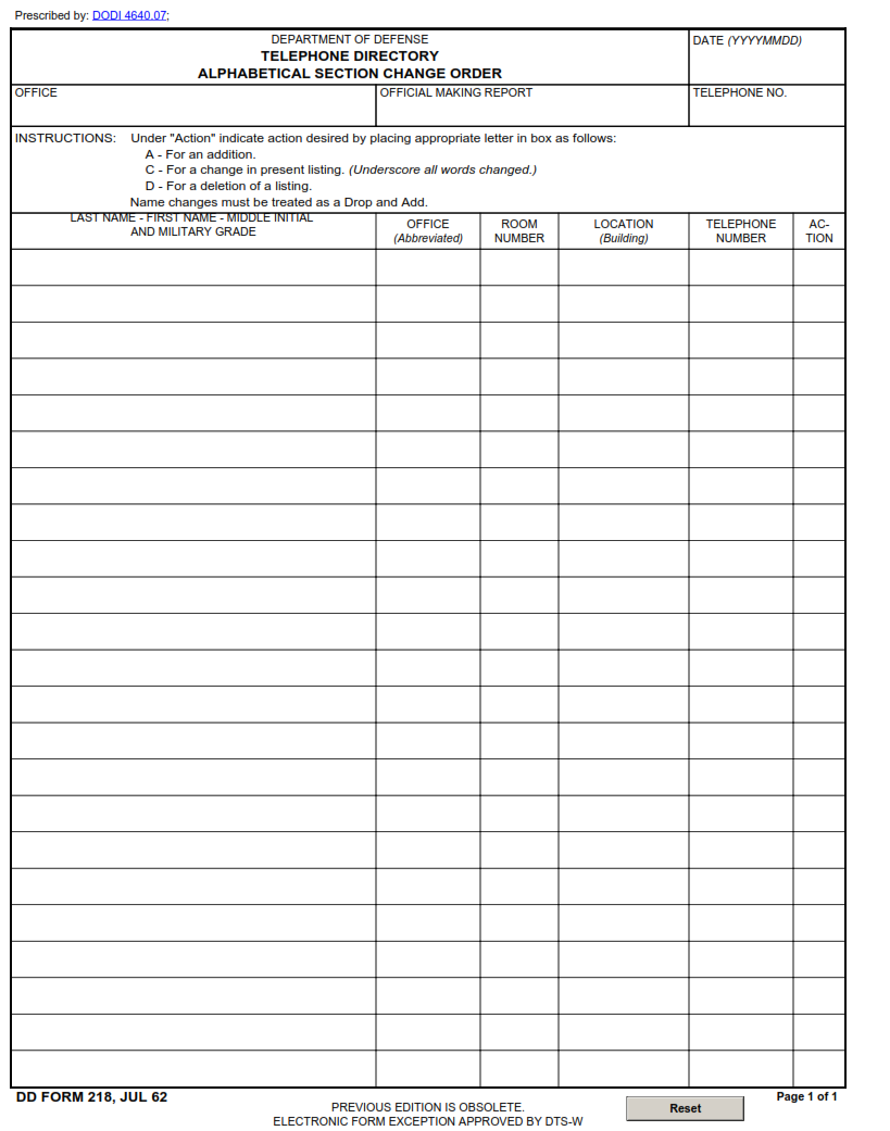 DD Form 218 - Telephone Directory Alphabetical Section Change Order
