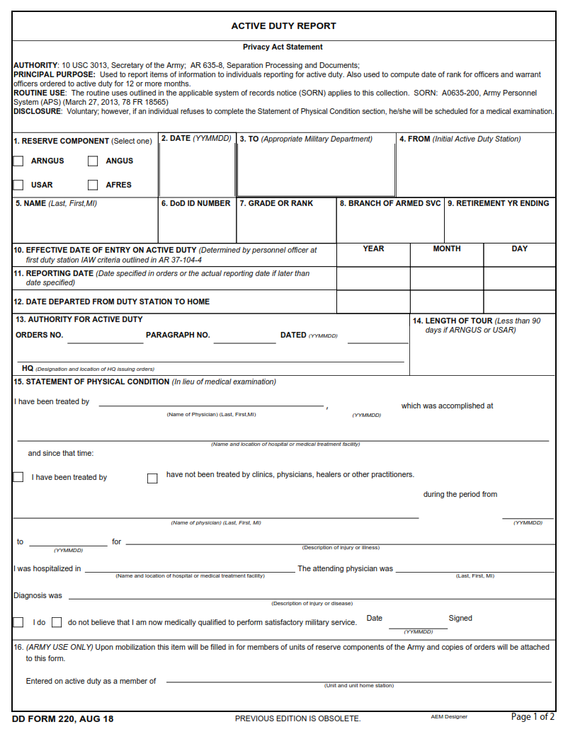 DD Form 220 - Active Duty Report Part 1