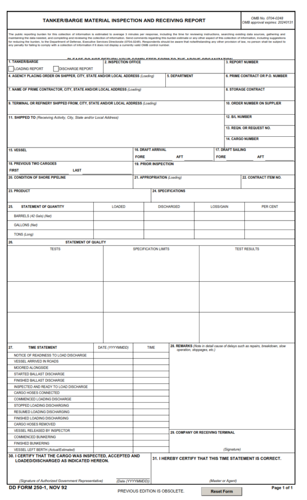 DD Form 250-1 – Tanker/Barge Material Inspection and Receiving Report ...