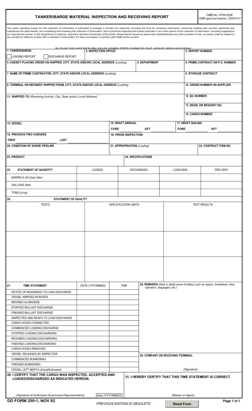 DD Form 250-1 - Tanker/Barge Material Inspection and Receiving Report