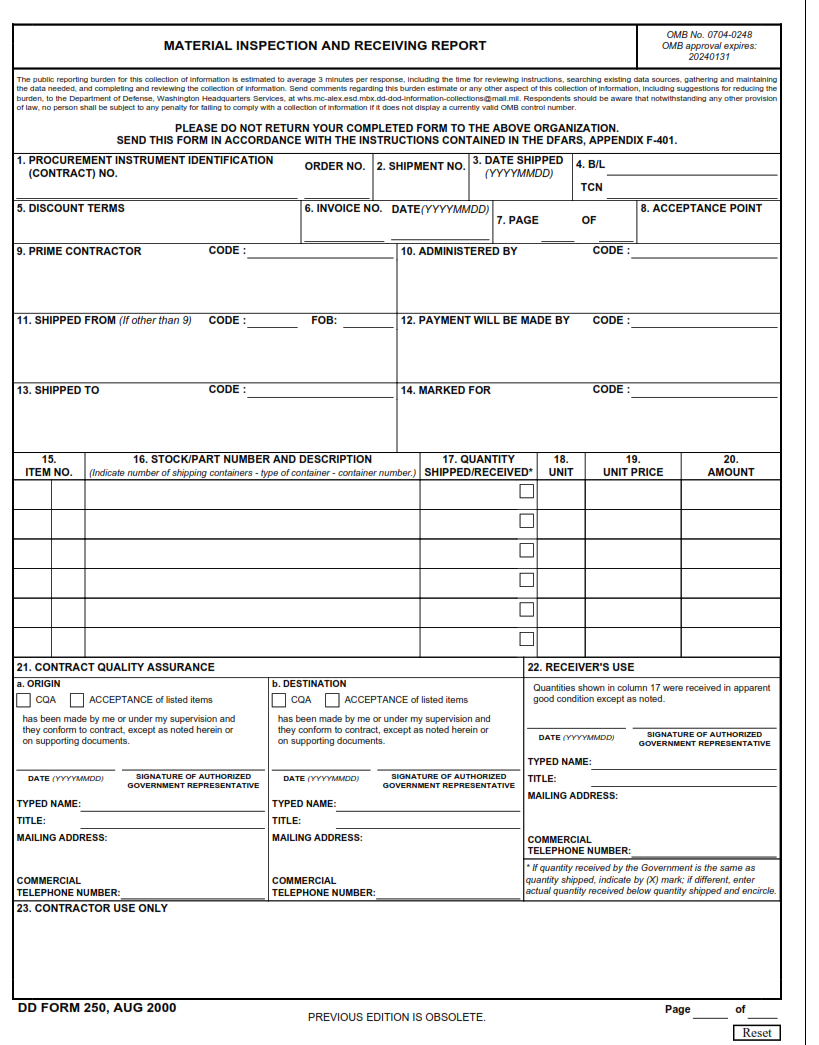 DD Form 250 - Material Inspection and Receiving Report
