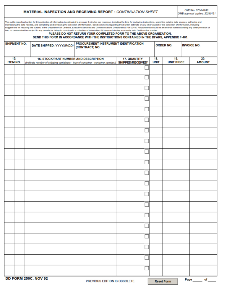 DD Form 250C – Material Inspection and Receiving Report – Continuation ...