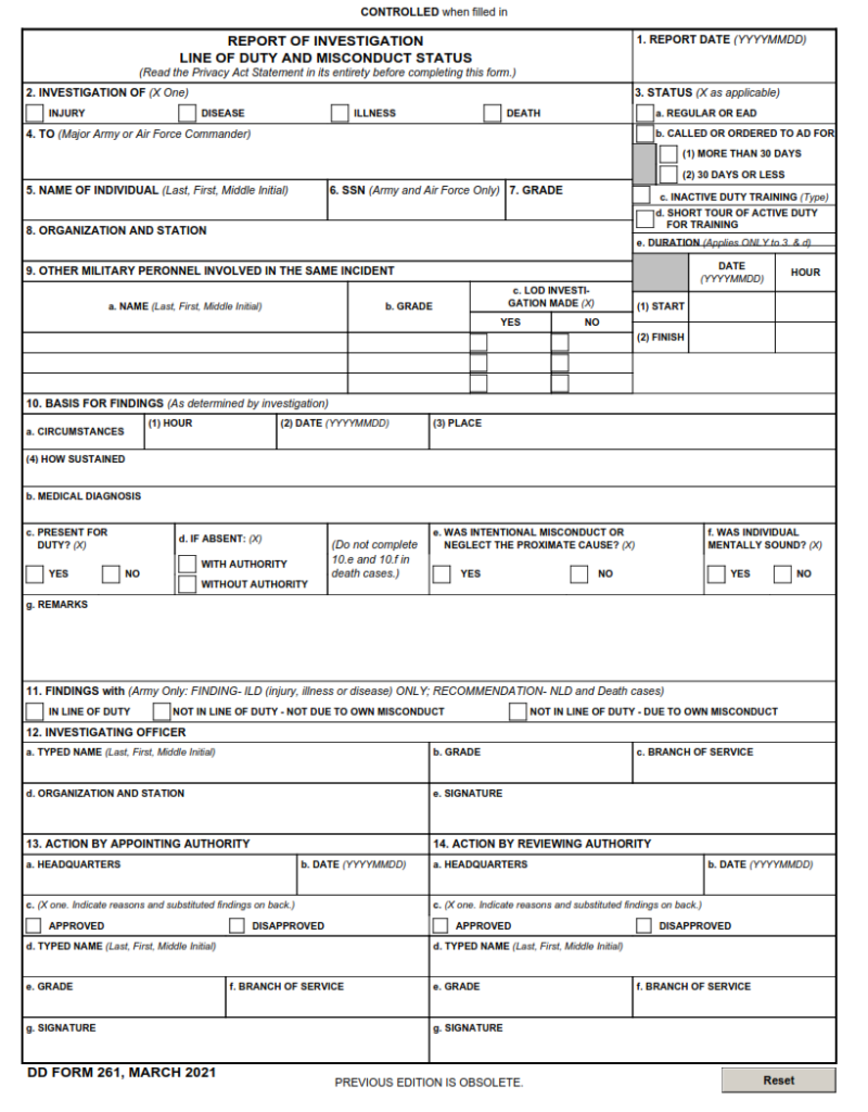 DD Form 261 – Investigation, Report of Investigation – Line of Duty and ...