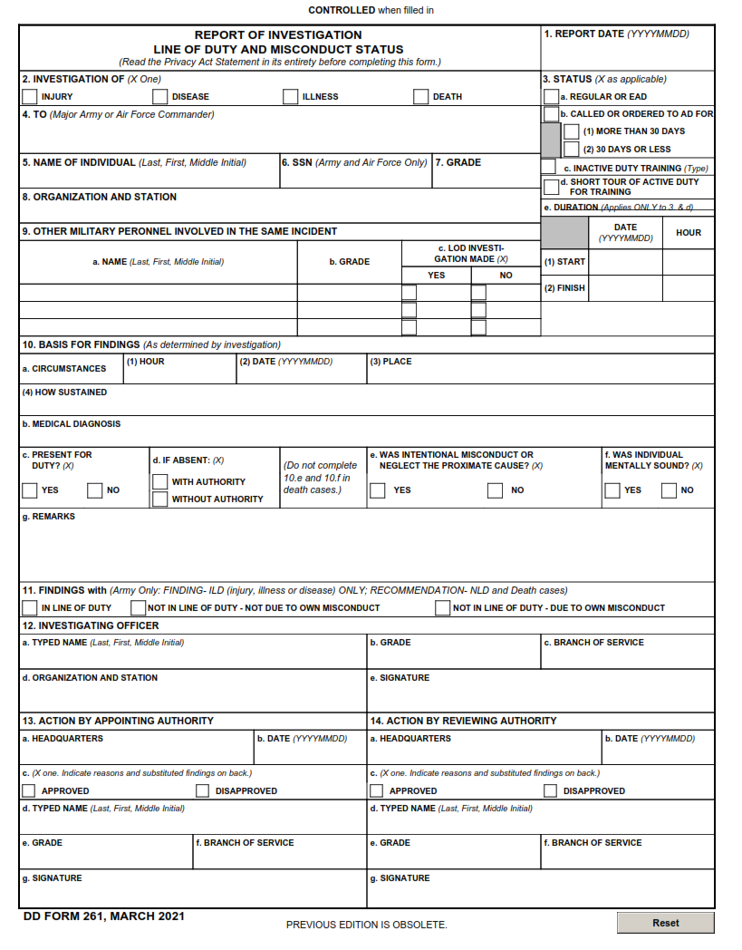 DD Form 261 - Investigation, Report of Investigation - Line of Duty and Misconduct Status Part 1