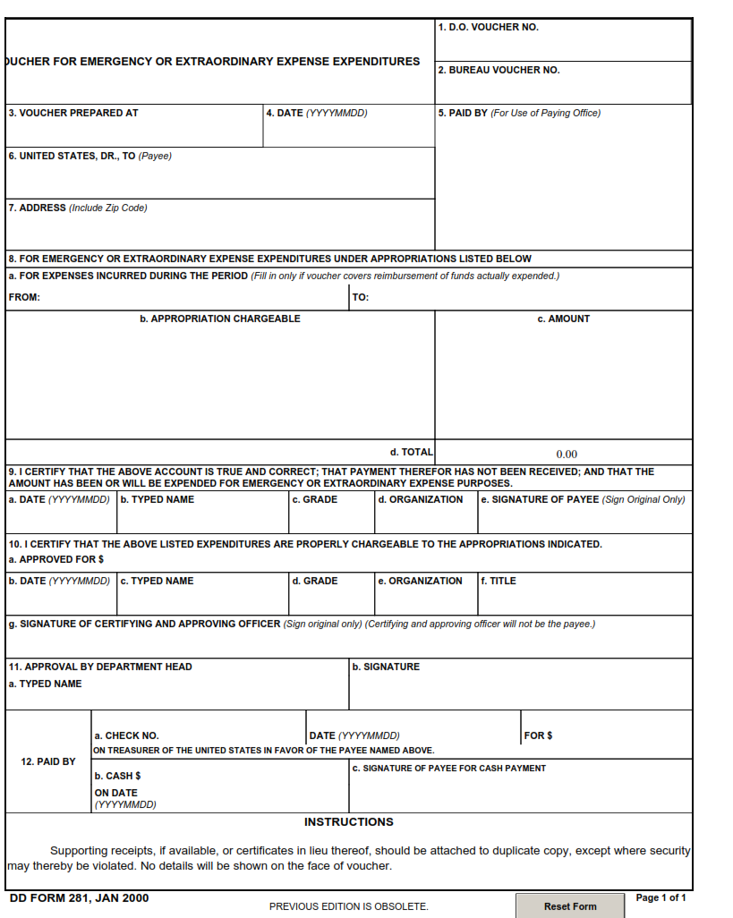 DD Form 281 - Voucher for Emergency or Extraordinary Expense Expenditures