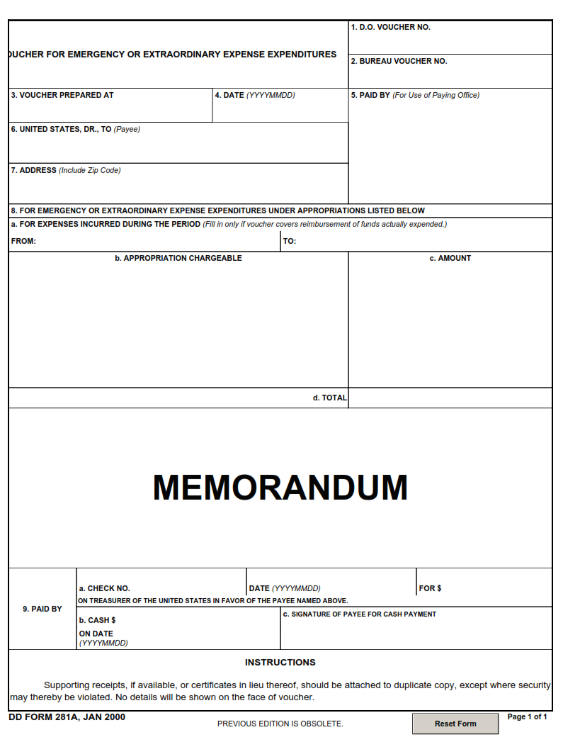 DD Form 281A - Voucher for Emergency or Extraordinary Expense Expenditures - Memorandum