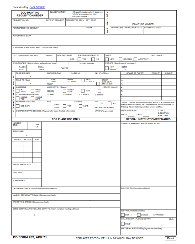 DD Form 282 – DoD Printing Requisition/Order | Origin Form Studio