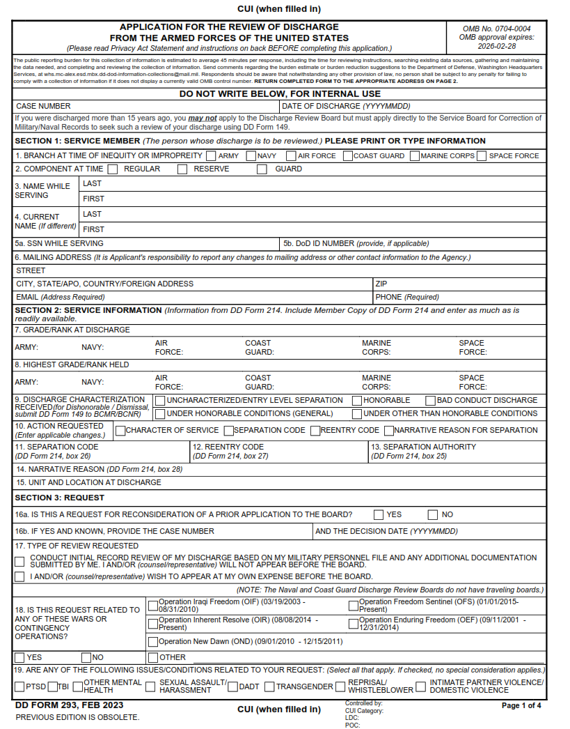 DD Form 293 - Application for the Review of Discharge from the Armed Forces of the United States Part 1