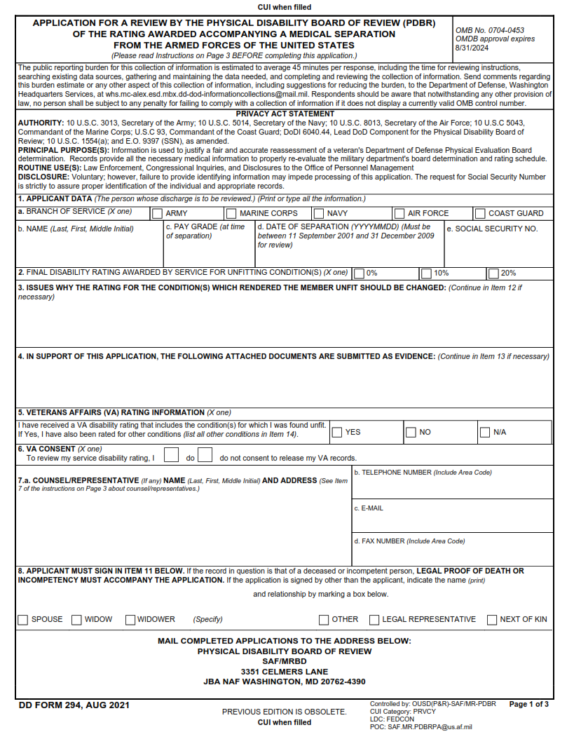 DD Form 294 - Application for a Review by the Physical Disability Board of Review (PDBR) of the Rating Awarded Accompanying a Medical Separation from the Armed Forces of the United States Part 1
