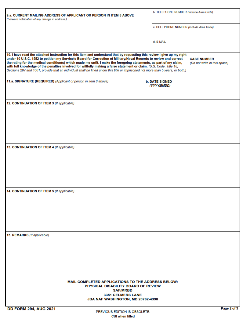DD Form 294 - Application for a Review by the Physical Disability Board of Review (PDBR) of the Rating Awarded Accompanying a Medical Separation from the Armed Forces of the United States Part 2