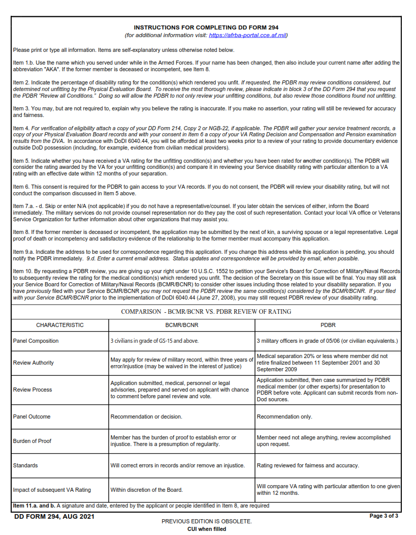 DD Form 294 - Application for a Review by the Physical Disability Board of Review (PDBR) of the Rating Awarded Accompanying a Medical Separation from the Armed Forces of the United States Part 3
