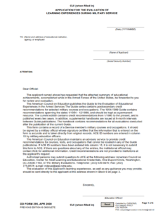 DD Form 295 - Application for the Evaluation of Learning Experiences During Military Service Part 1