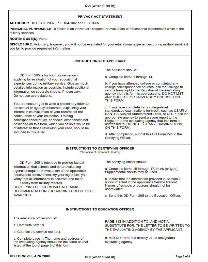 DD Form 295 - Application for the Evaluation of Learning Experiences During Military Service Part 2