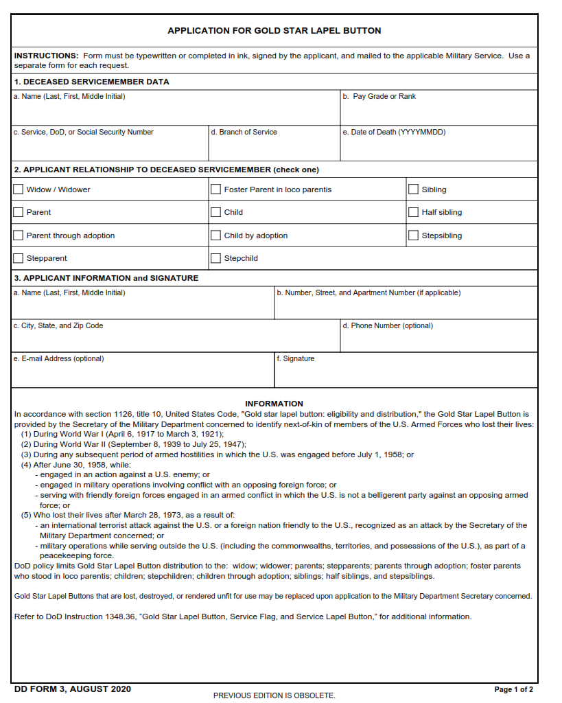 DD Form 3 - Application for Gold Star Lapel Button Part 1