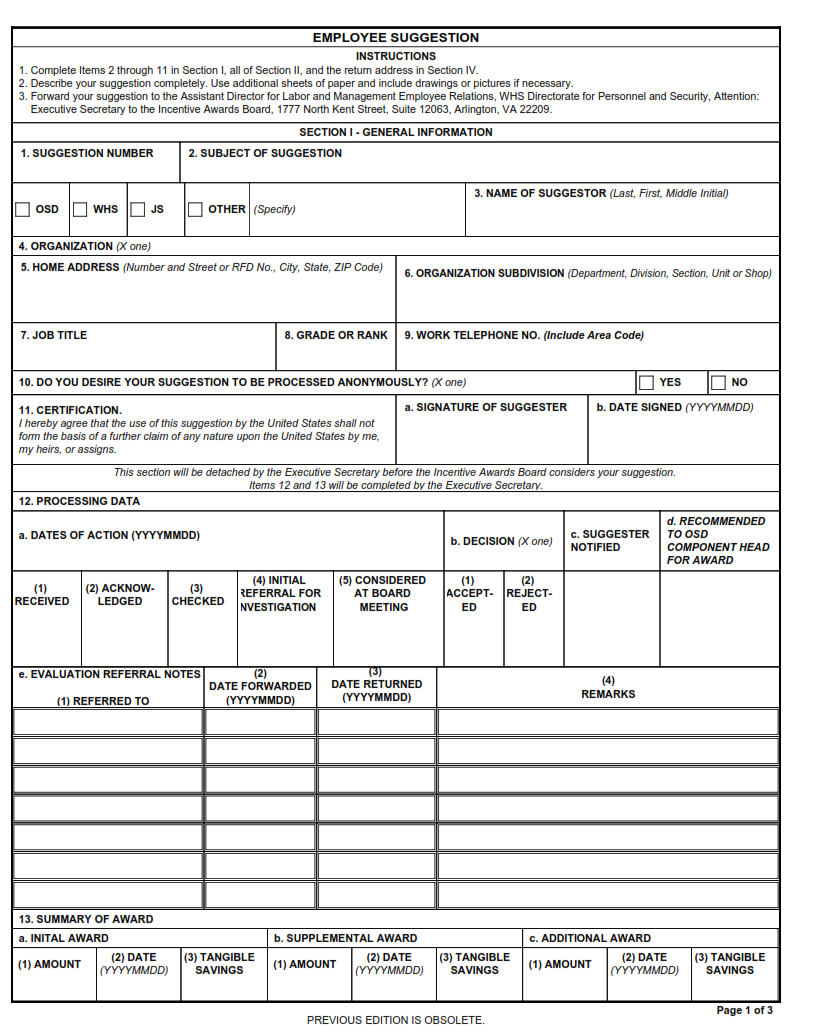 DD Form 355 - Employee Suggestion