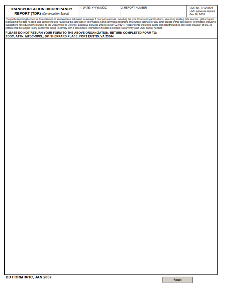 DD Form 361C – Transportation Discrepancy Report (TDR) (Continuation ...