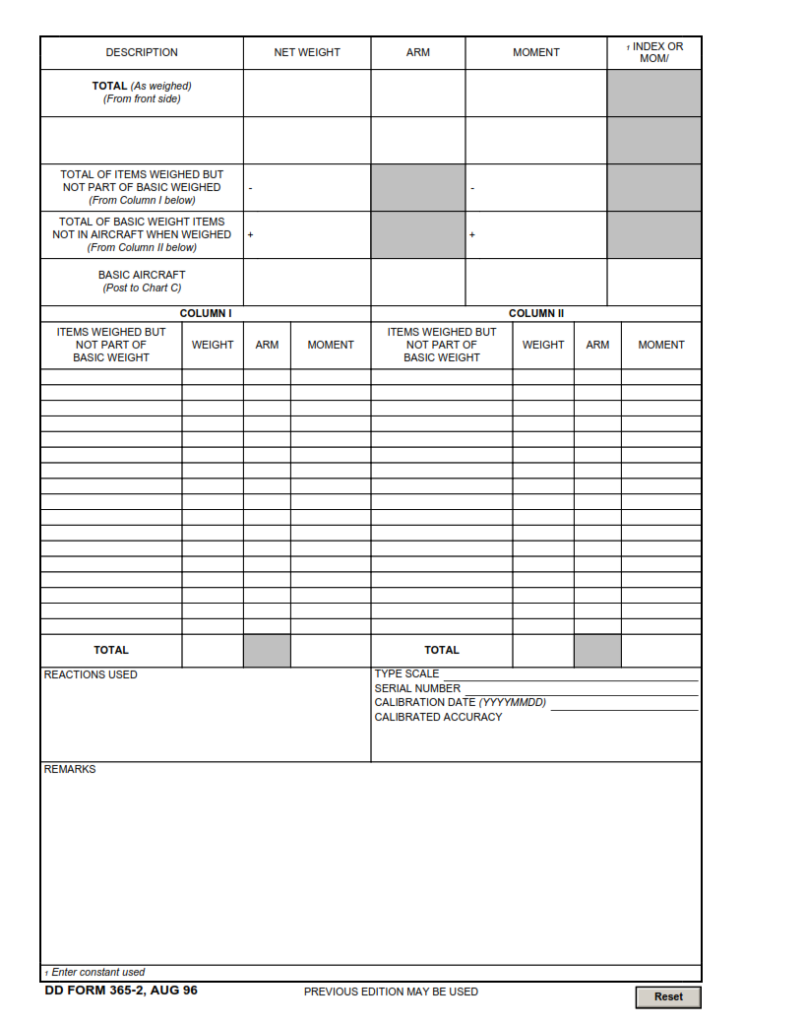 DD Form 365-2 – Weighing Record, Form B – Aircraft | Origin Form Studio