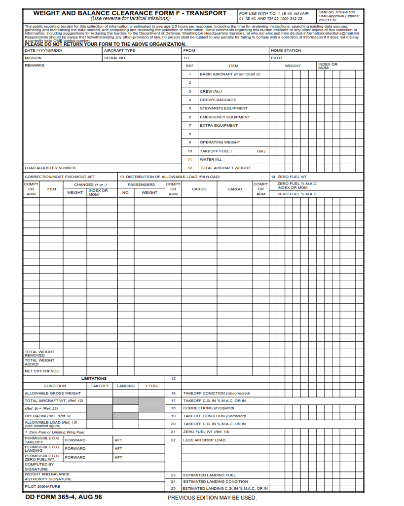 DD Form 365-4 - Weight and Balance Clearance Form F - Transport Tactical