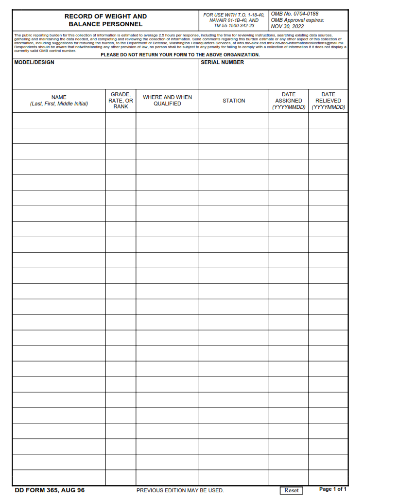 DD Form 365 - Record of Weight and Balance Personnel