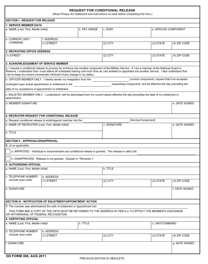 DD Form 368 - Request for Conditional Release Part 1