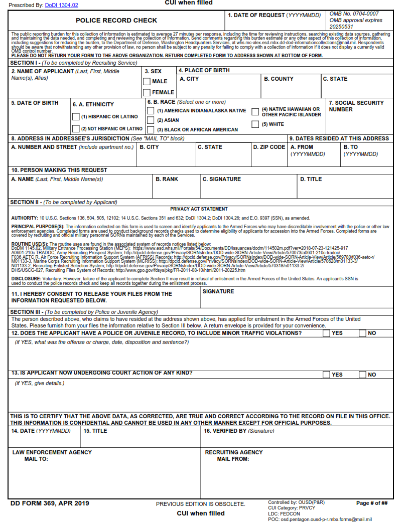 DD Form 369 - Police Record Check