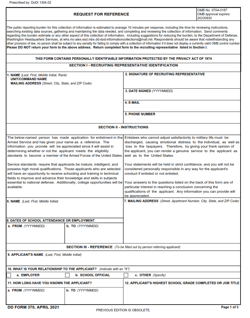 DD Form 370 - Request for Reference Part 1