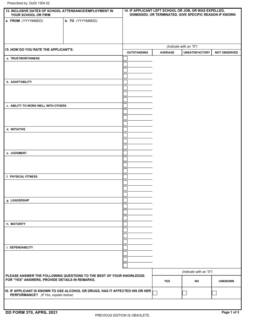 DD Form 370 - Request for Reference Part 2
