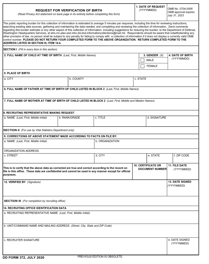 DD Form 372 - Request for Verification of Birth Part 1
