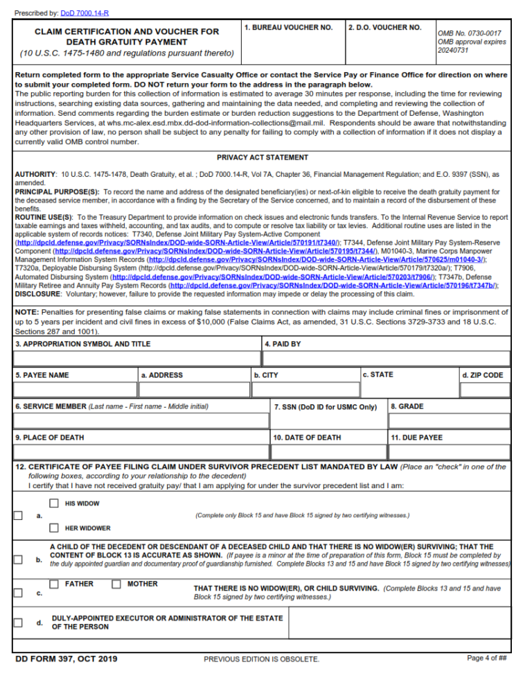 DD Form 397 – Claim Certification and Voucher for Death Gratuity ...