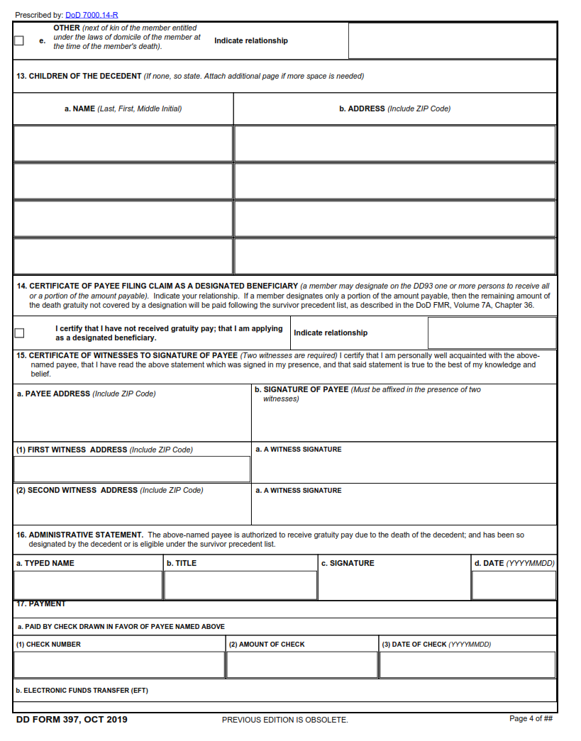DD Form 397 - Claim Certification and Voucher for Death Gratuity Payment Part 2