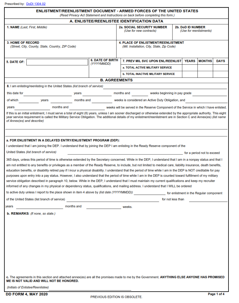 DD Form 4 - Enlistment Reenlistment Document Armed Forces of the United States Part 1