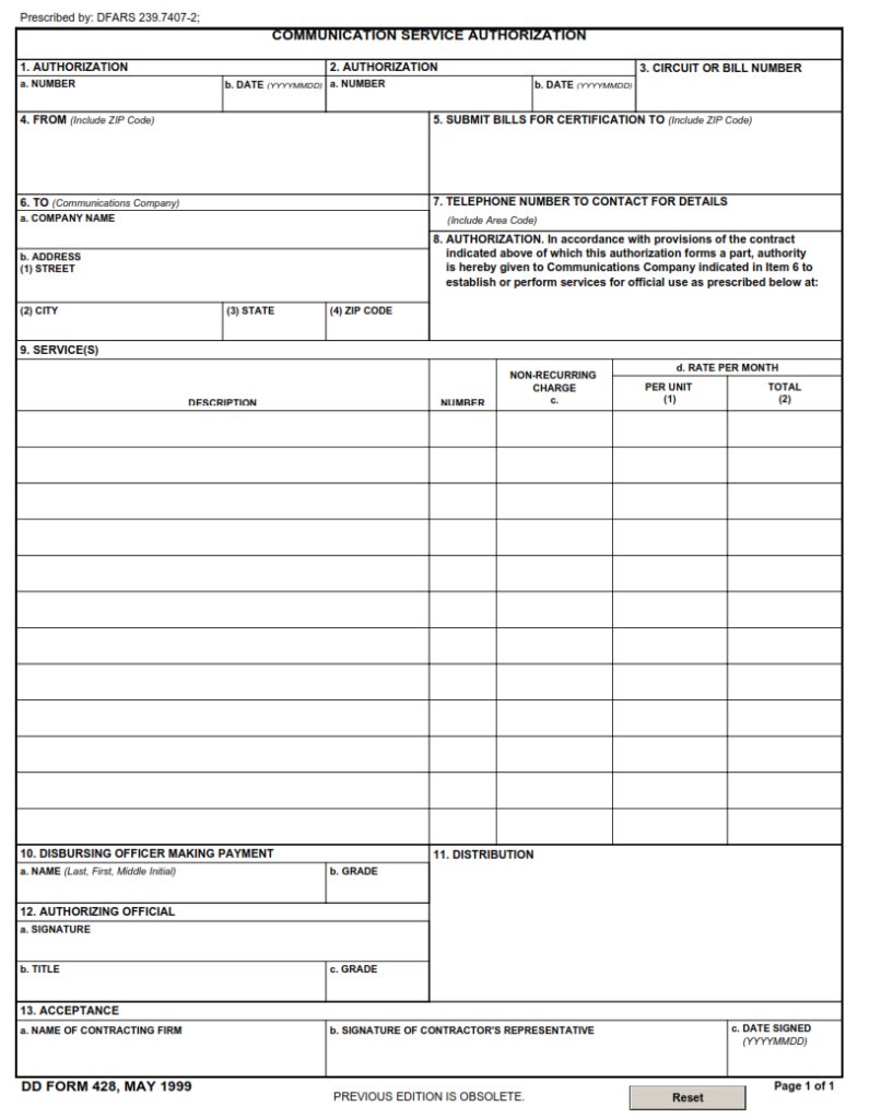 DD Form 428 – Communication Service Authorization | Origin Form Studio