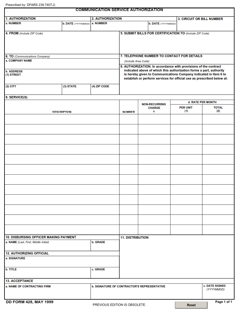 DD Form 428 - Communication Service Authorization